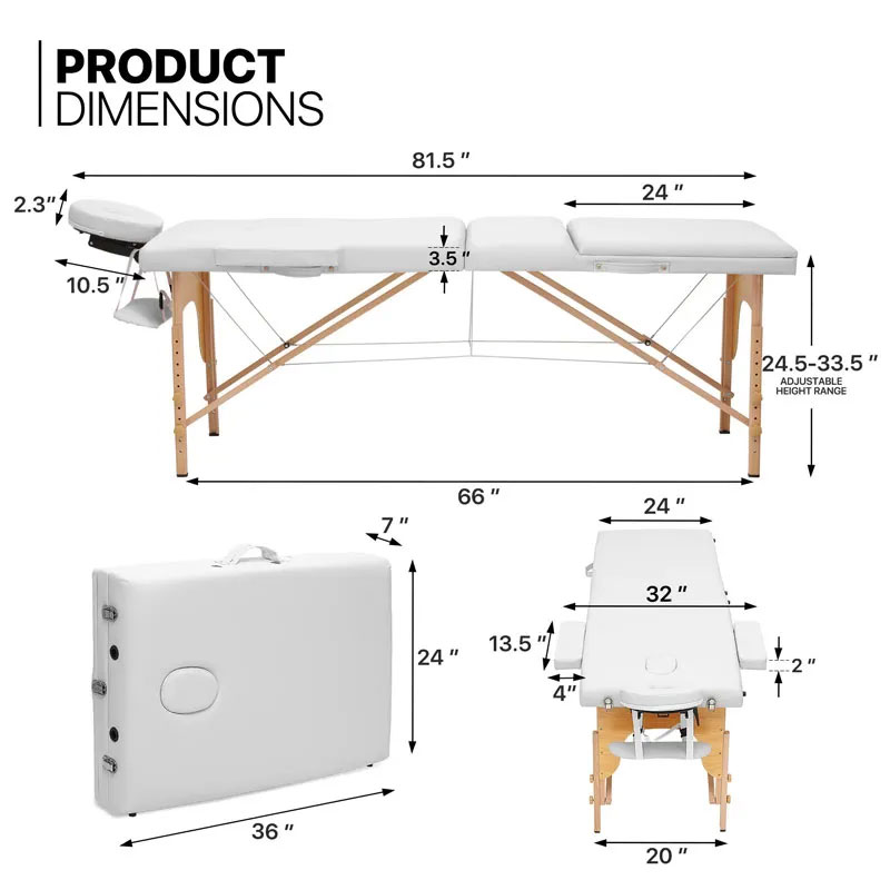 Portable 3‑zone massage table – white wood – Cyprus delivery