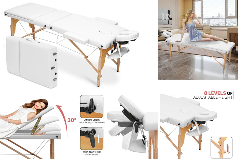 White wooden portable massage table with carry case – Cyprus stock